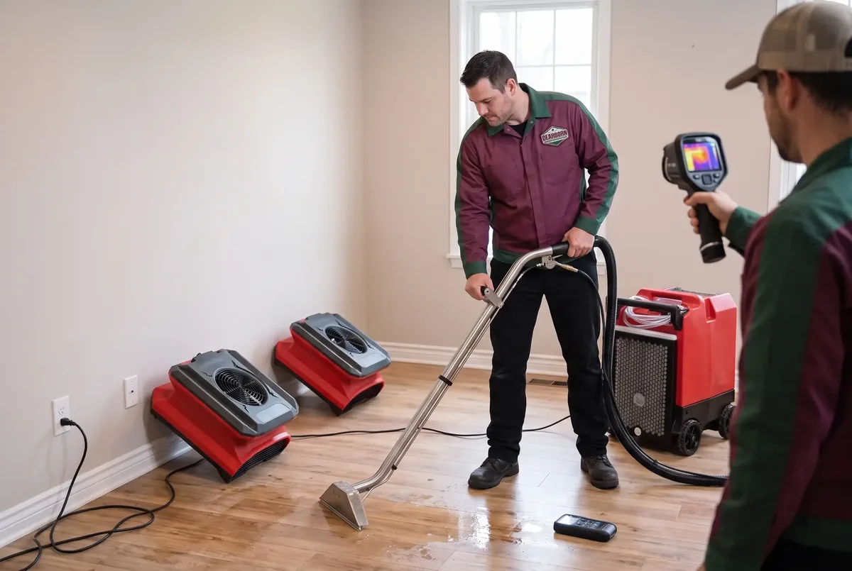 Technician running an extraction wand over a wet hardwood floor beside red air movers