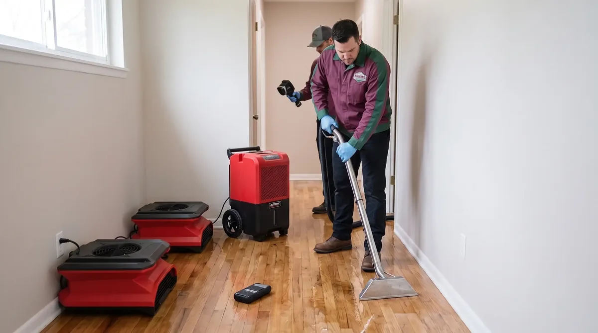 Technician extracting water from a hallway floor with a dehumidifier running