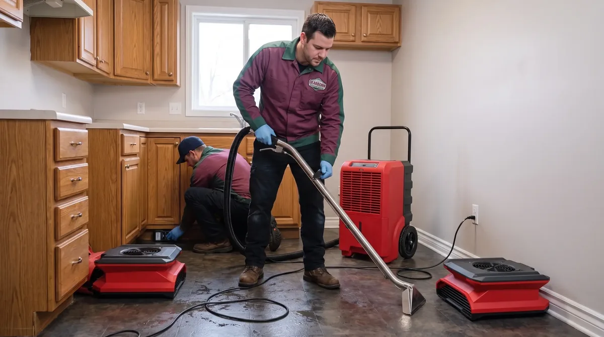 Technician extracting water in a kitchen while a second technician works under the cabinets